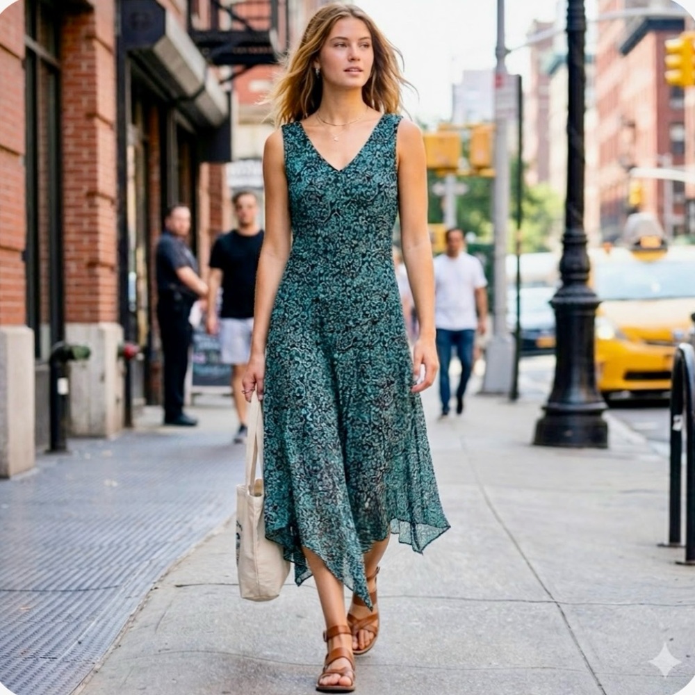Elegant Brown and Green Patterned Dress - Picture 3 of 11